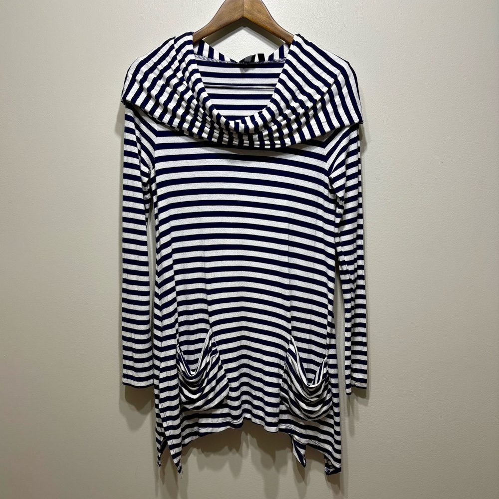 Blue Saks Fifth Avenue Striped Cowl Neck Hooded Stretchy Soft Sweater Top Blue